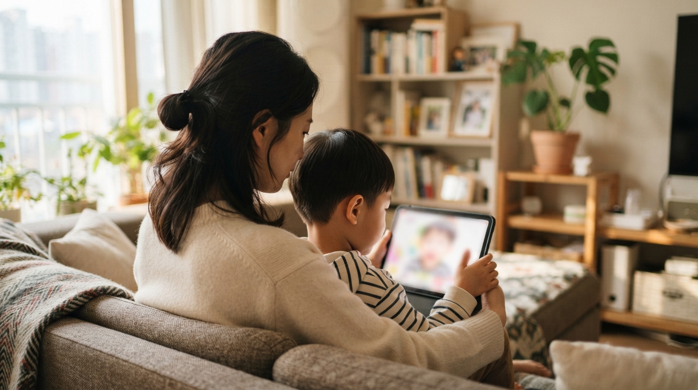 태블릿으로 영어 영상을 보고 있는 아이와 부모
