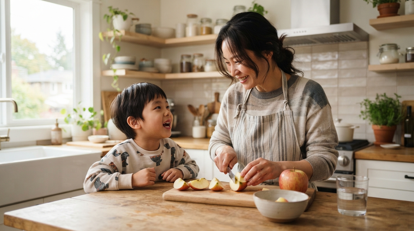 엄마와 아이가 'I like apples.' 와 같은 간단한 영어 문장으로 대화하며 웃고 있다.